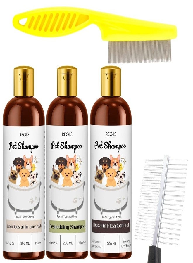 مجموعة شامبو ريجيس للحيوانات الأليفة مع مكافحة البراغيث، وإزالة الشعر الزائد، وغسول شامل، 200 مل، عبوة من 3 قطع مع مشط (عبوة من 5 قطع) - Image 1